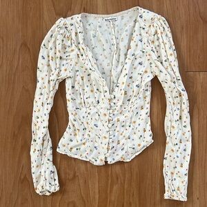 Reformation Nell White Floral Top Front Buttons V neck